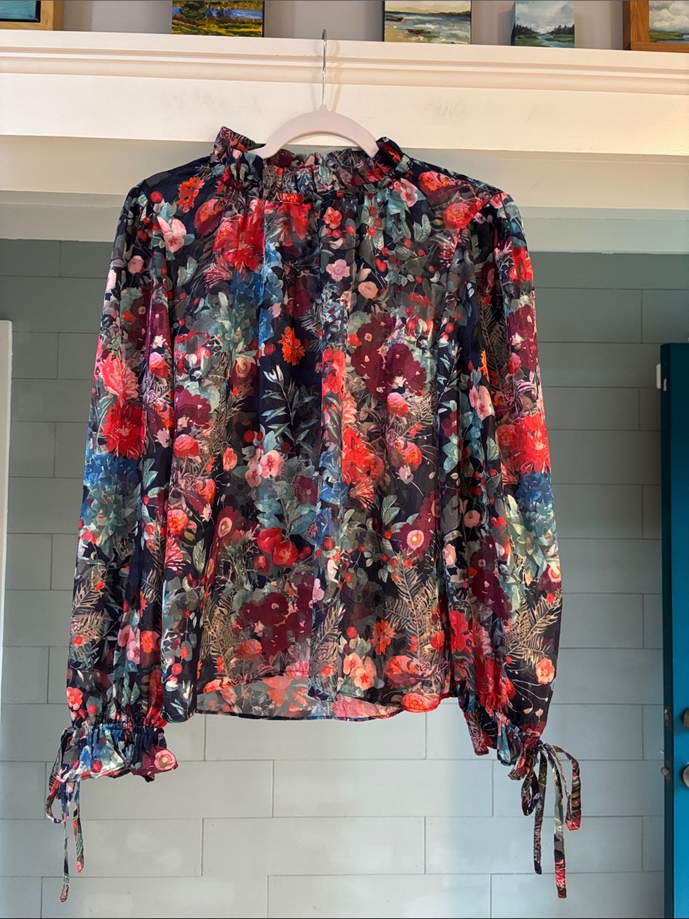 Hutch Floral Tie-Cuff Ruffled Neck Blouse - Navy Multi